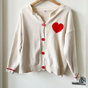 Cream Cardigan with Red Heart Accent and large cherry red buttons